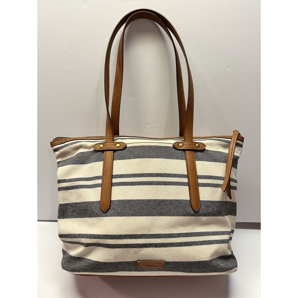 Fossil Navy Cream Striped Canvas Tote Bag Tan Leather Trim Shoulder Tote Bag‎